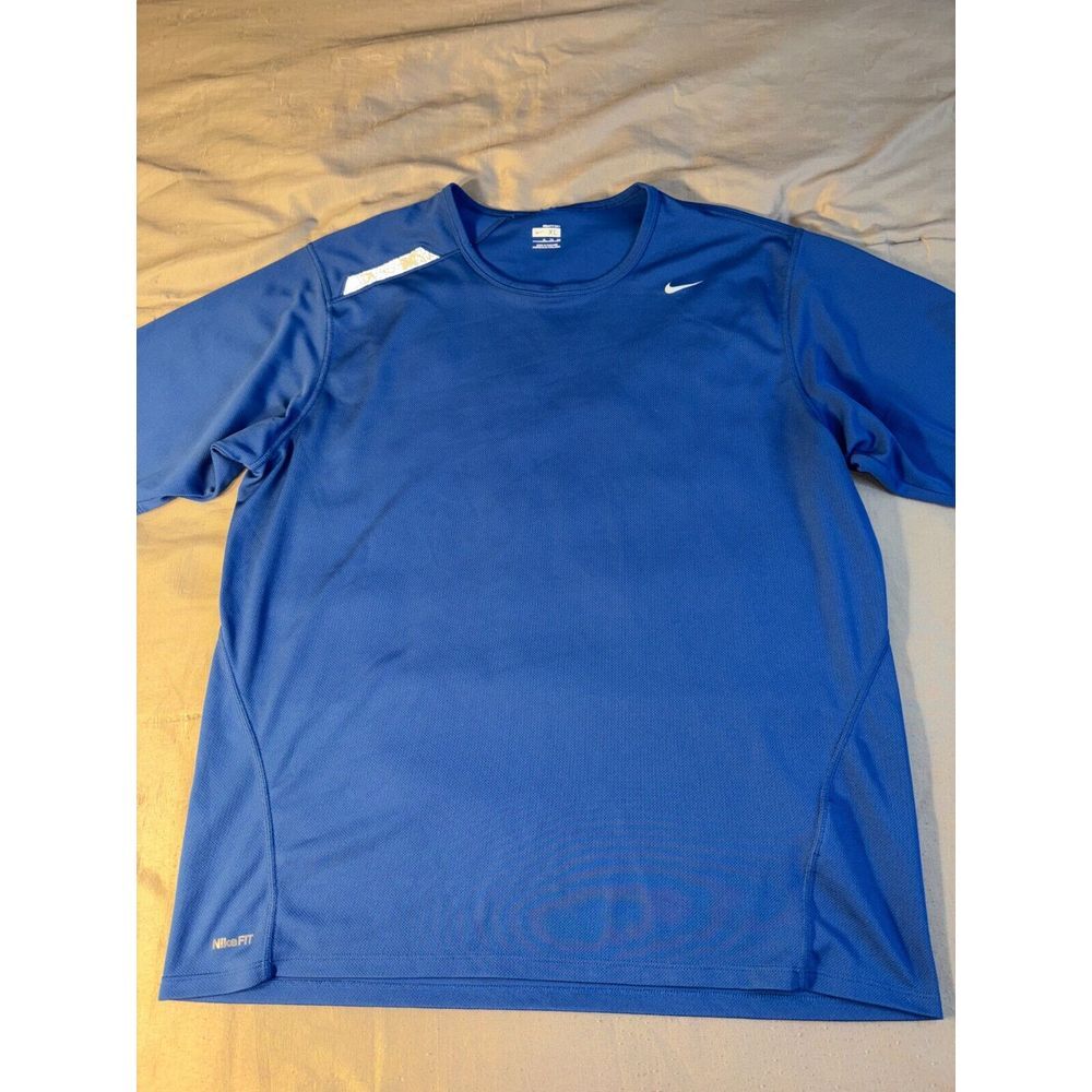 Nike Tee Shirt Men's XL Blue Short Sleeve Crew Neck Dri Fit Swoosh Logo Pullover